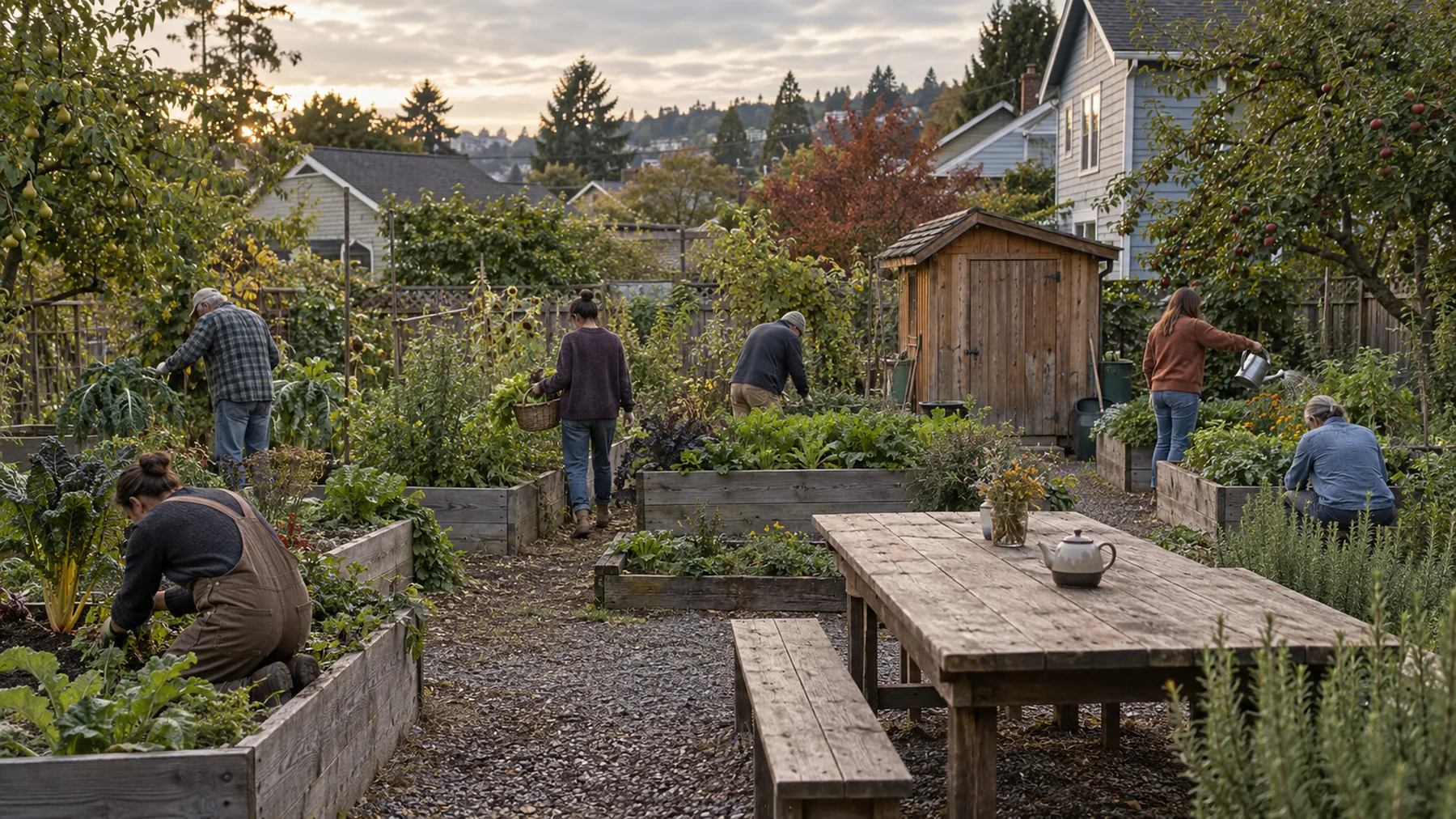 Neighbors working the beds of a shared garden in late afternoon, a long table and teapot in the middle.