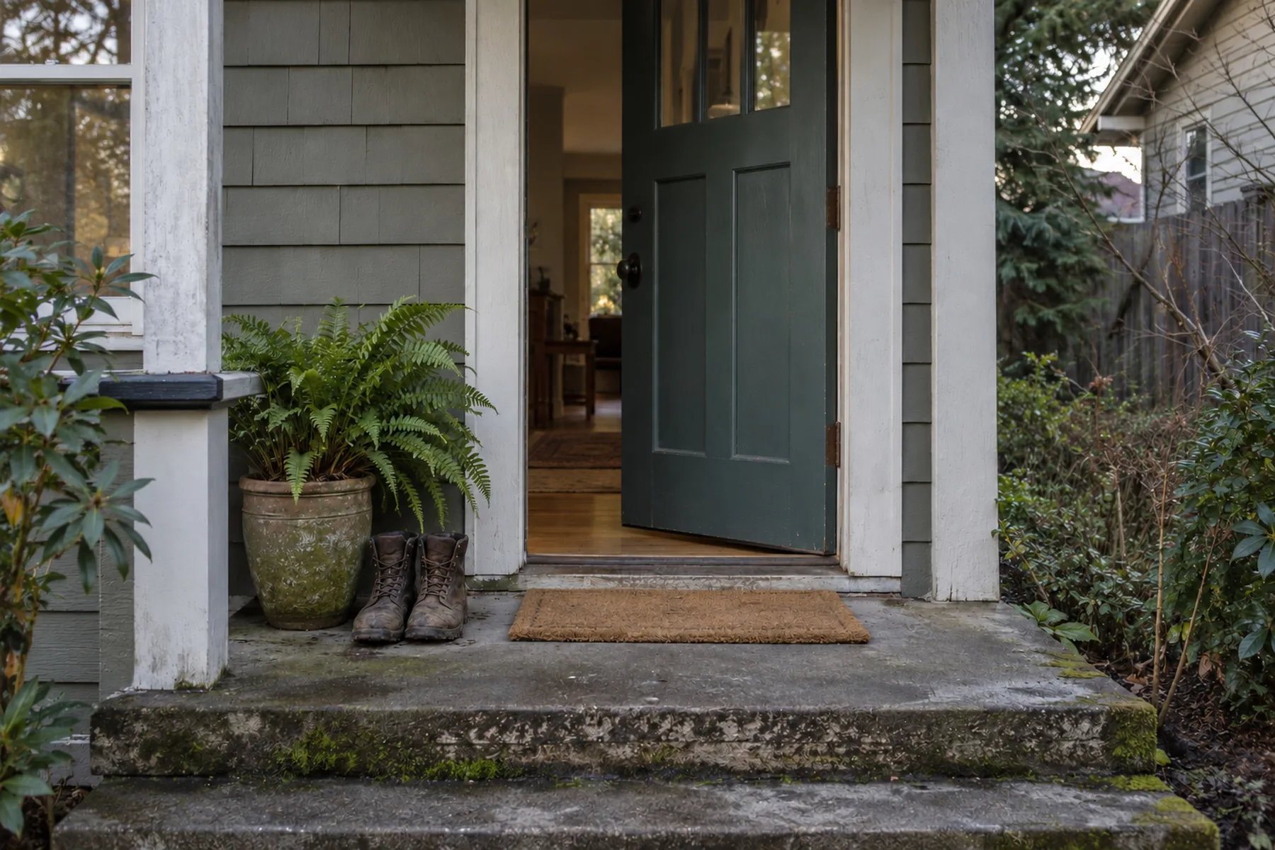 A front step on a quiet morning, the door open, nothing waiting on the mat.