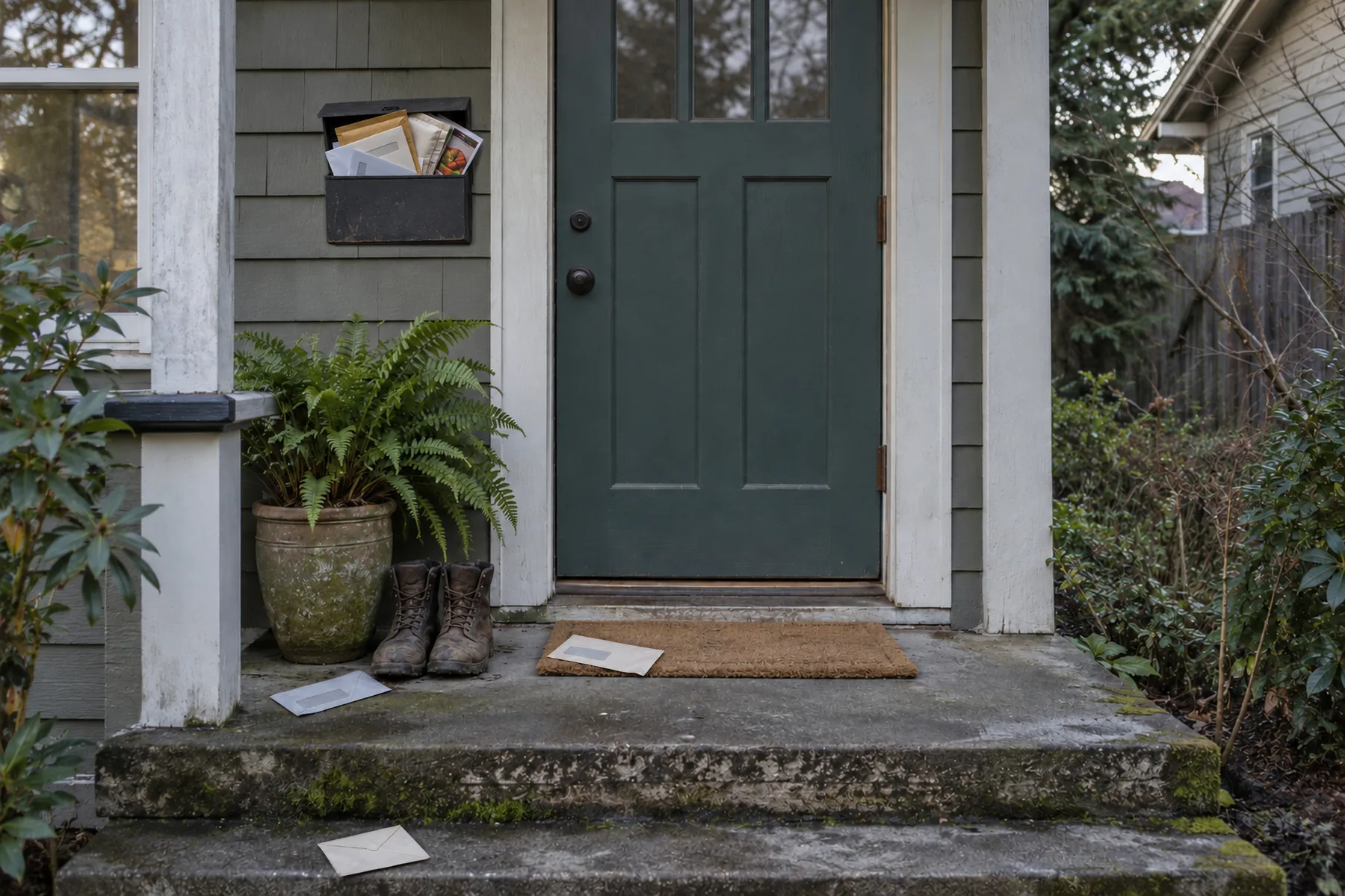 The same front door shut on a grey afternoon, the mailbox beside it stuffed with bills.