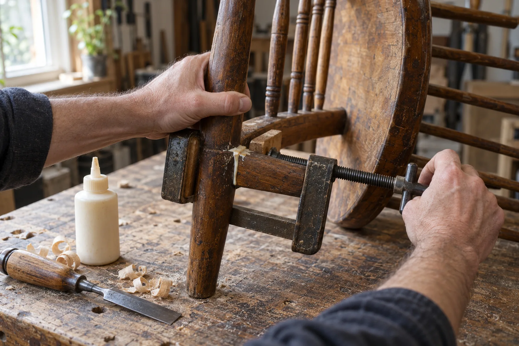 Two hands clamping a glued joint on an old wooden chair in a shared workshop.